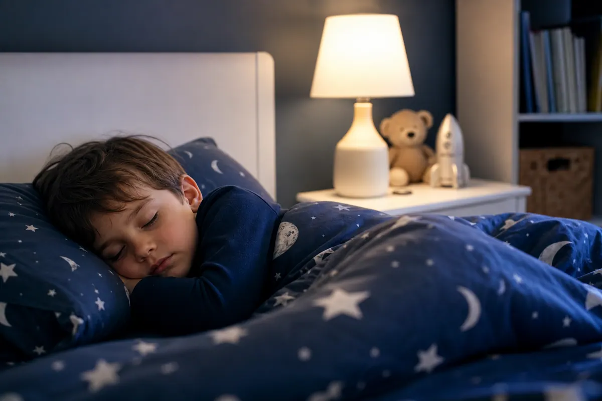 Enfant endormi paisiblement seul dans son lit, veilleuse allumée dans une chambre douillette