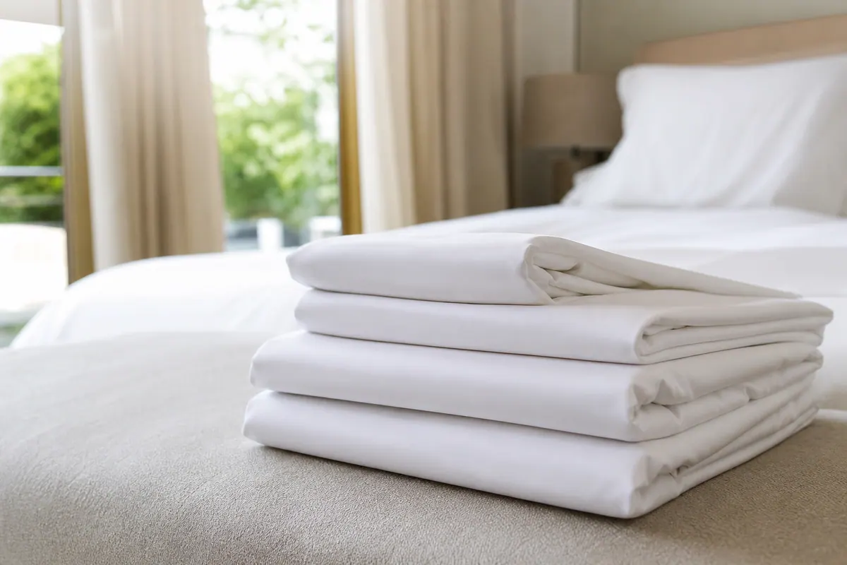 Draps blancs propres pliés près d'un lit dans une chambre lumineuse