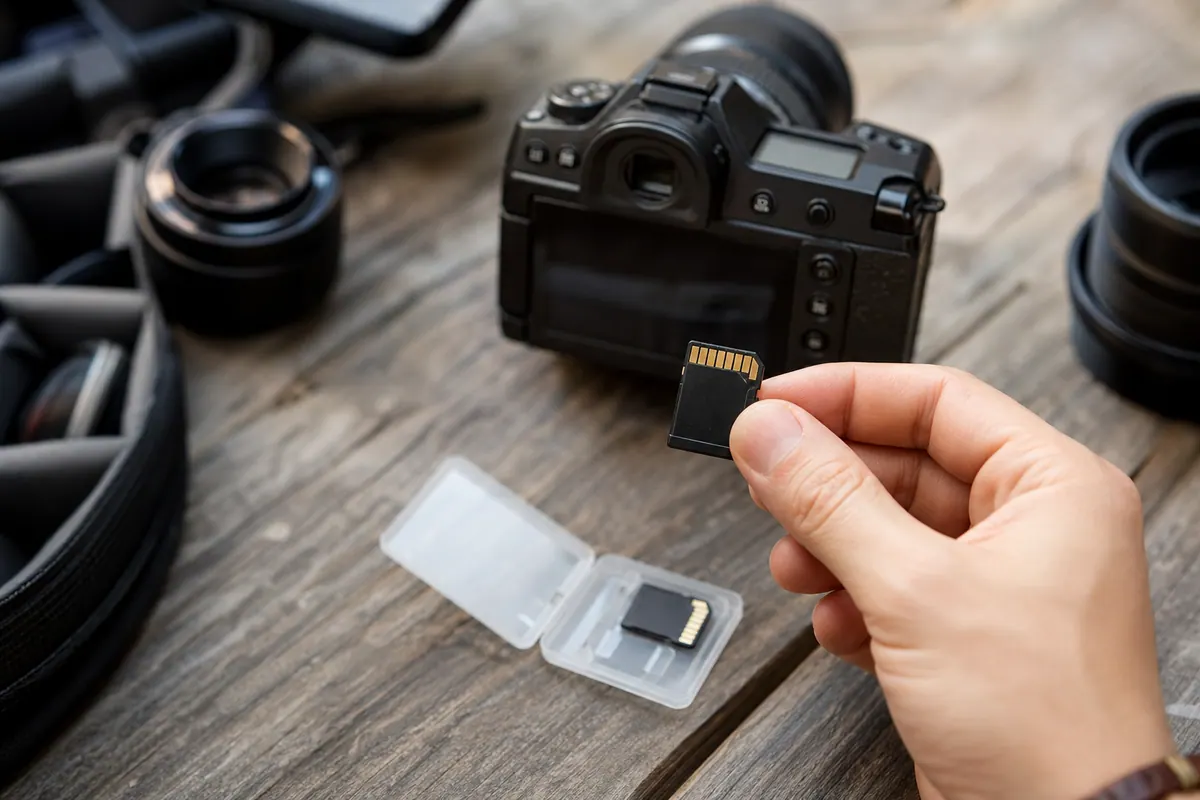 Carte micro SD posée sur un clavier d'ordinateur portable, gros plan