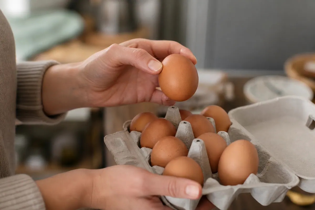 Boîte d'œufs frais posée sur un plan de travail de cuisine