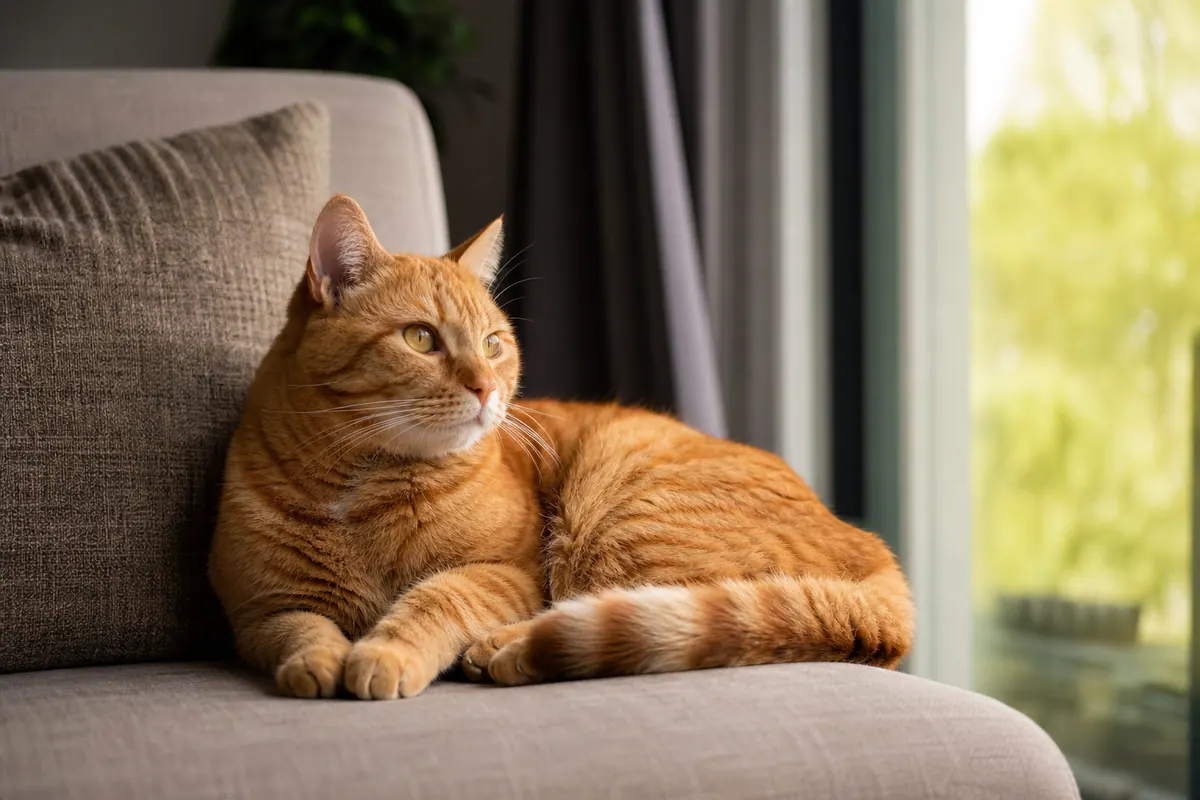 Chat roux confortablement installé seul près d'une fenêtre lumineuse