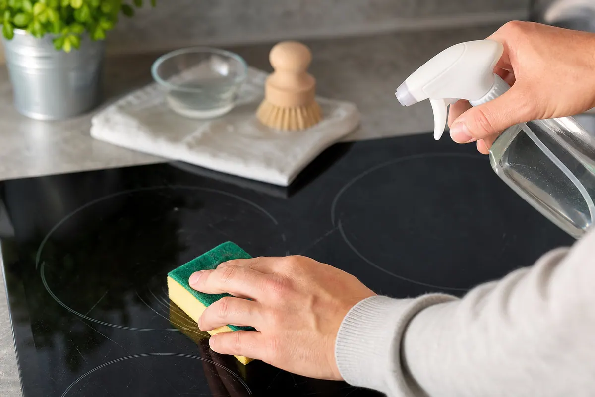 Plaque de cuisson à induction vitrocéramique dans une cuisine moderne, surface propre et brillante
