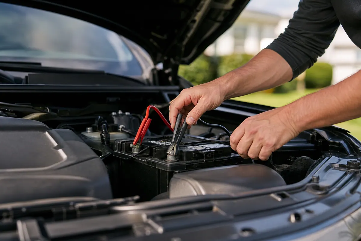 Capot de voiture ouvert, gros plan sur une batterie automobile avec ses bornes