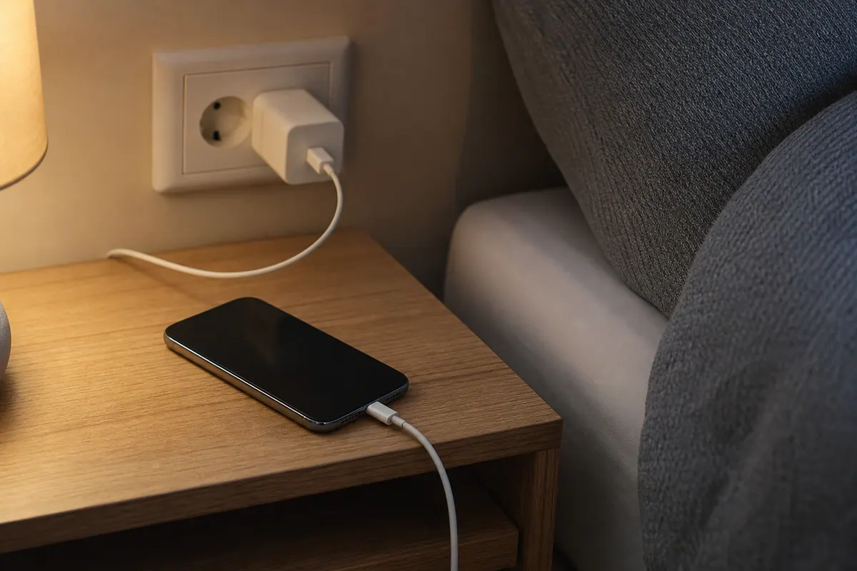 Smartphone posé sur une table de nuit en train de charger dans une chambre à faible lumière