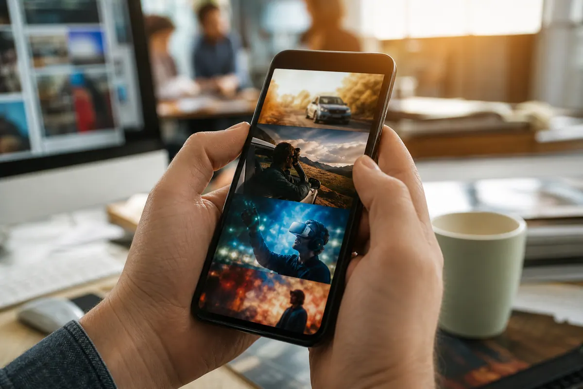 Un smartphone affichant un flux d'actualités de type Google Discover dans une rédaction lumineuse
