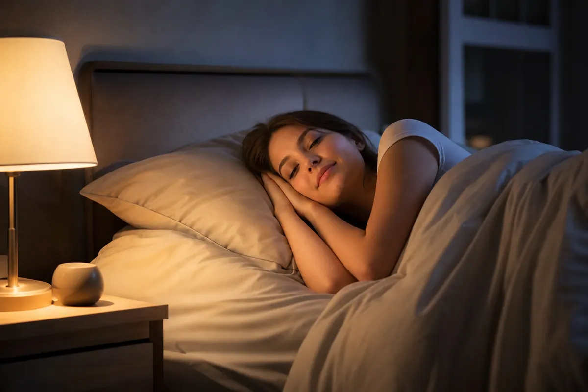 Personne allongée dans son lit le soir, lumière tamisée, ambiance calme juste avant l'endormissement