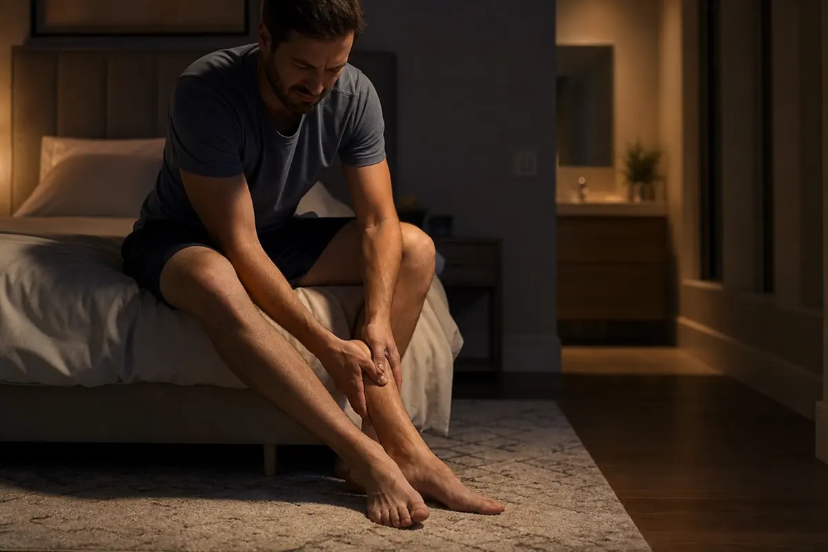 Personne assise sur son lit la nuit, se massant le mollet après une crampe