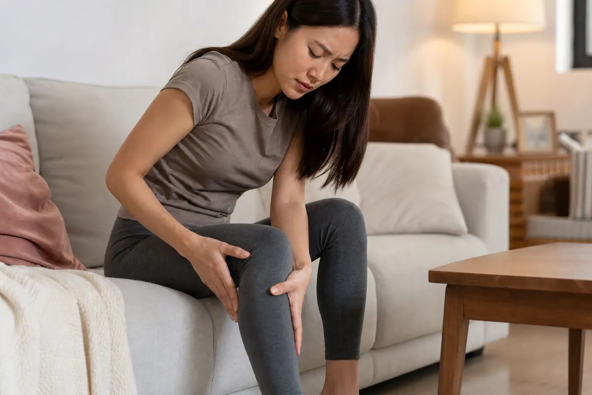 Personne assise à un bureau qui se masse la jambe engourdie