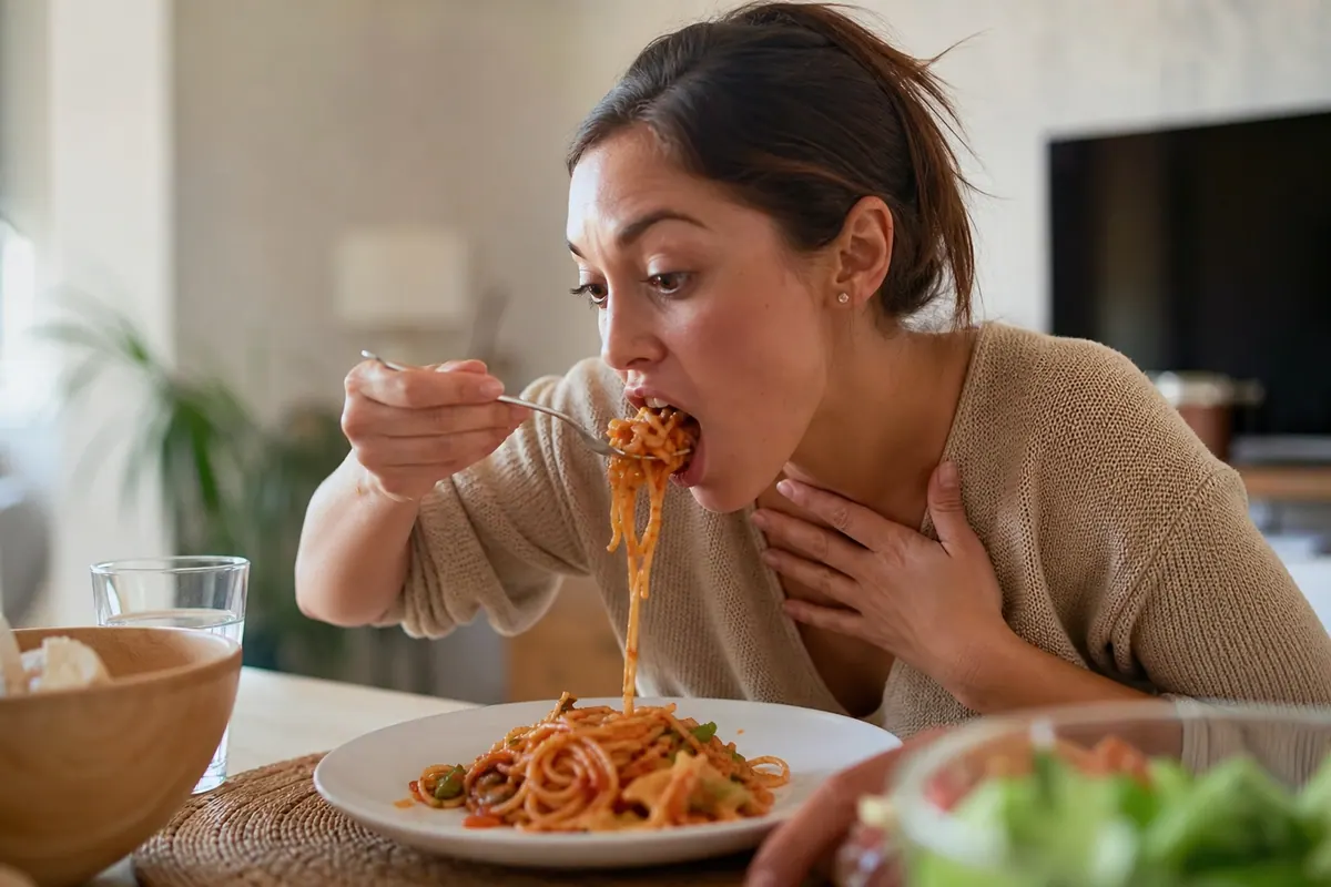 Personne à table qui s'interrompt de manger, la main sur la poitrine, prise de hoquet