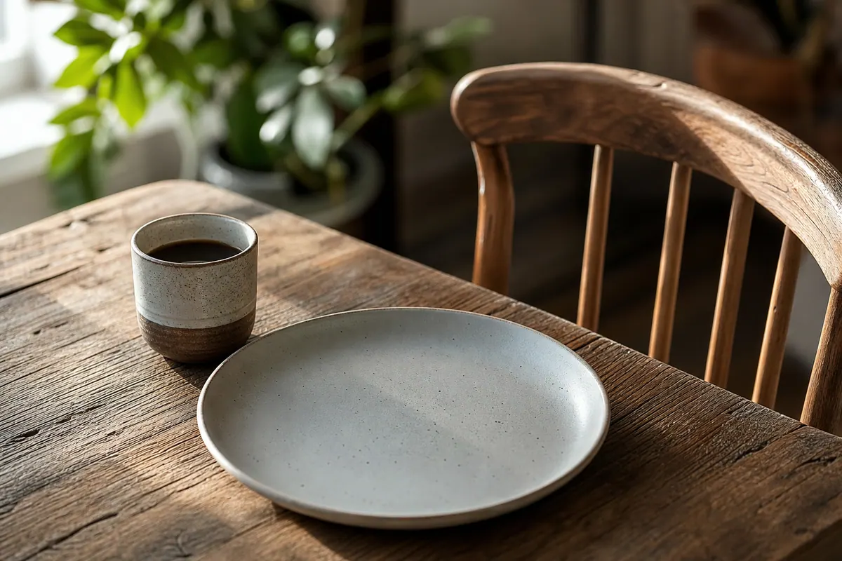 Assiette vide sur une table en bois avec une tasse de café à côté, lumière naturelle du matin