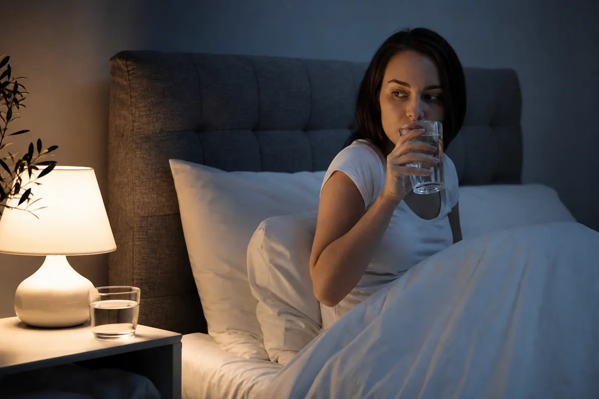 Verre d'eau posé sur une table de chevet à côté d'un lit, dans une chambre plongée dans la pénombre