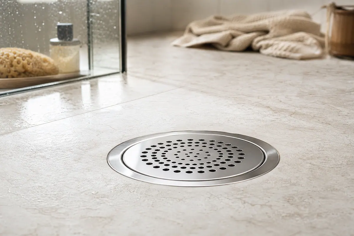 Bonde de douche en inox et carrelage clair dans une salle de bain lumineuse, vue rapprochée