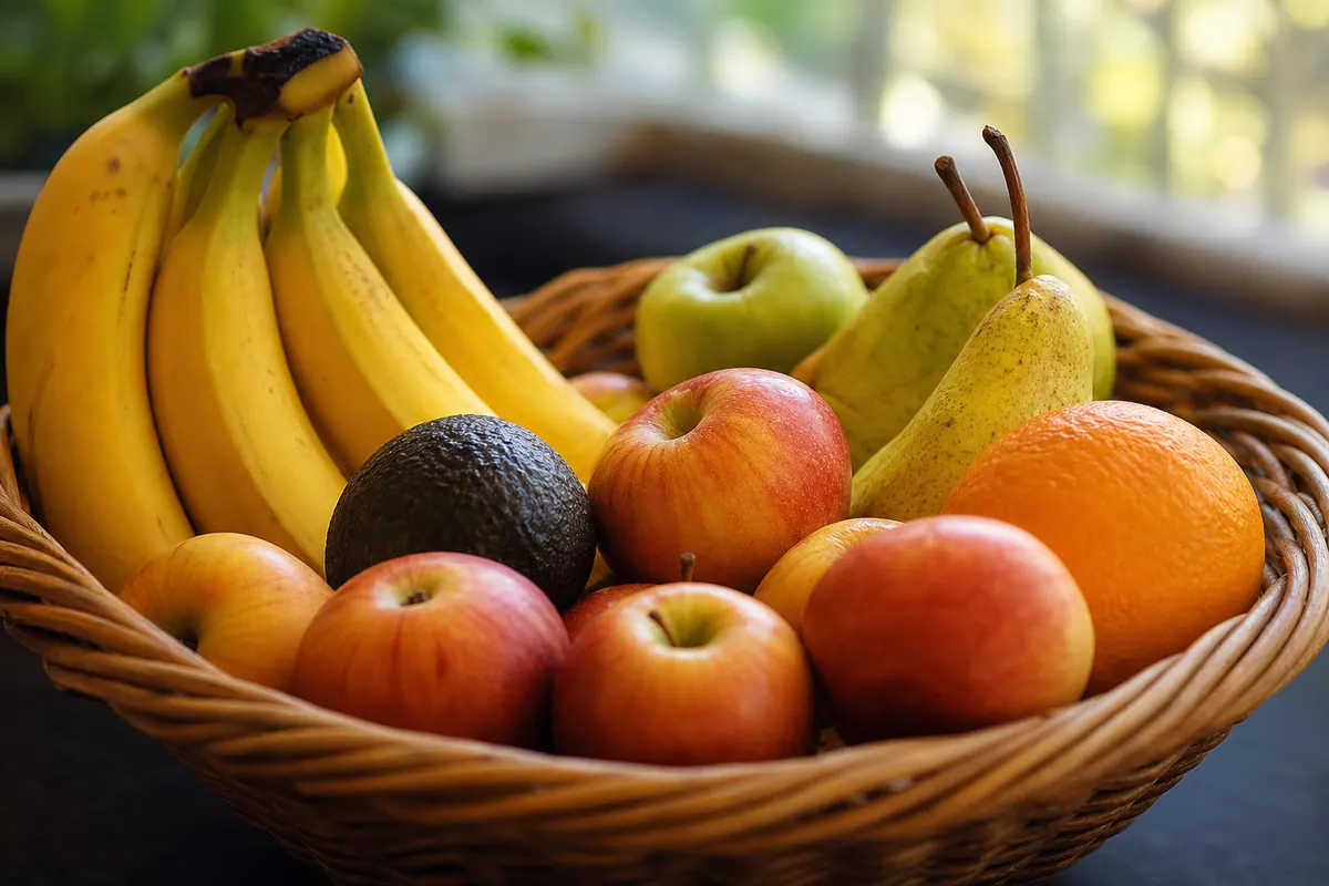 Corbeille de fruits variés sur un plan de travail de cuisine, avec des bananes, pommes et avocats mélangés
