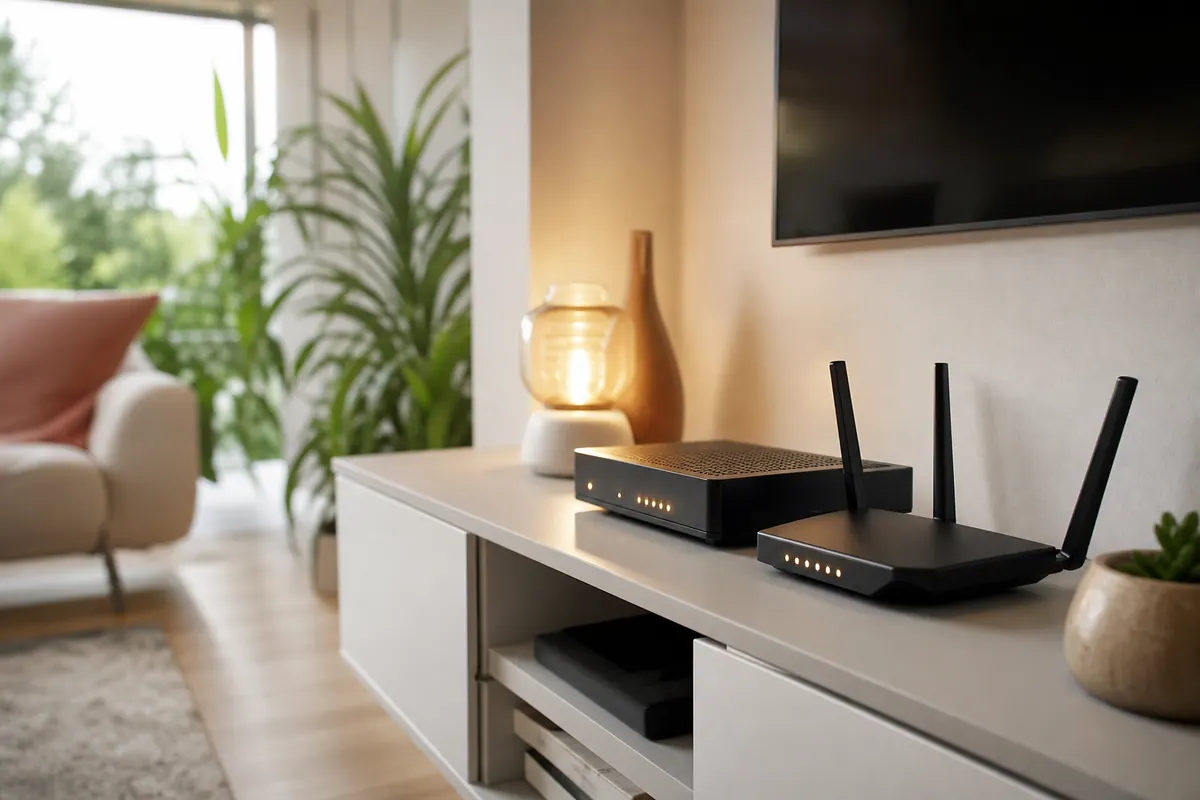 Box internet et routeur Wi-Fi posés sur un meuble dans un salon, voyants lumineux allumés