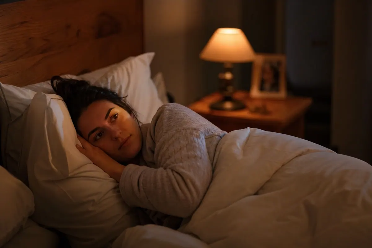 Personne allongée dans son lit le soir, lumière tamisée et ambiance calme et silencieuse