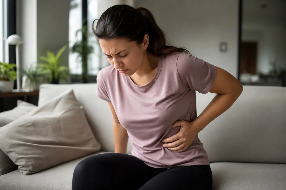 Personne assise au repos qui masse son flanc droit après un effort physique