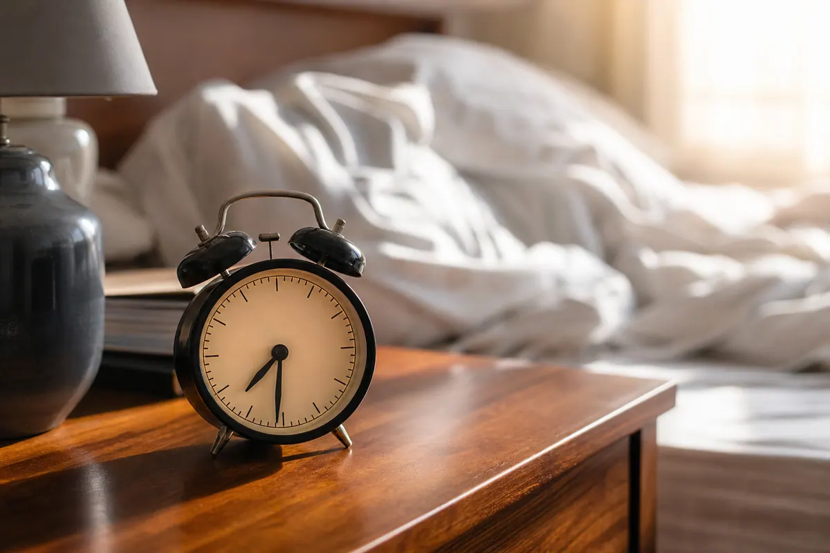 Réveil posé sur une table de chevet dans la lumière douce du petit matin, à côté d'un lit défait