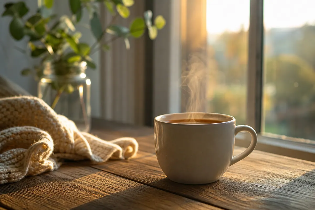 Tasse de café fumante posée sur une table en bois le matin, lumière naturelle douce