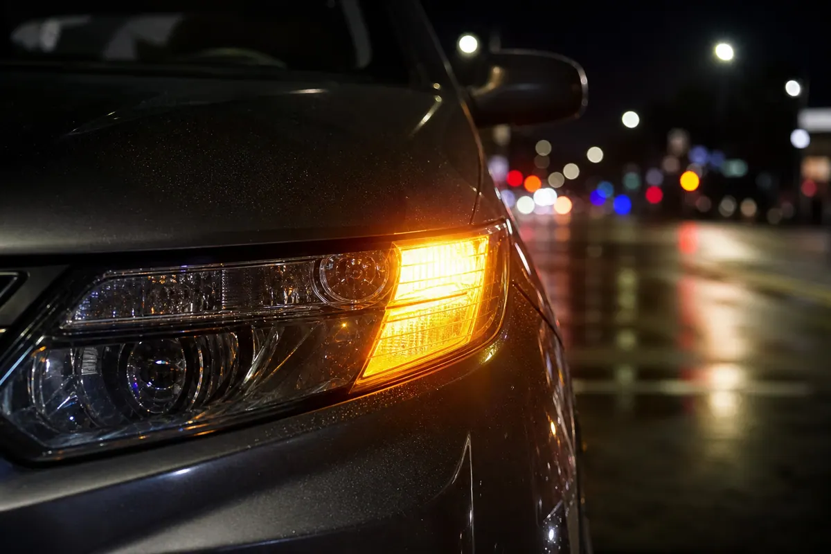 Feu clignotant avant d'une voiture allumé de nuit, gros plan sur le phare orange