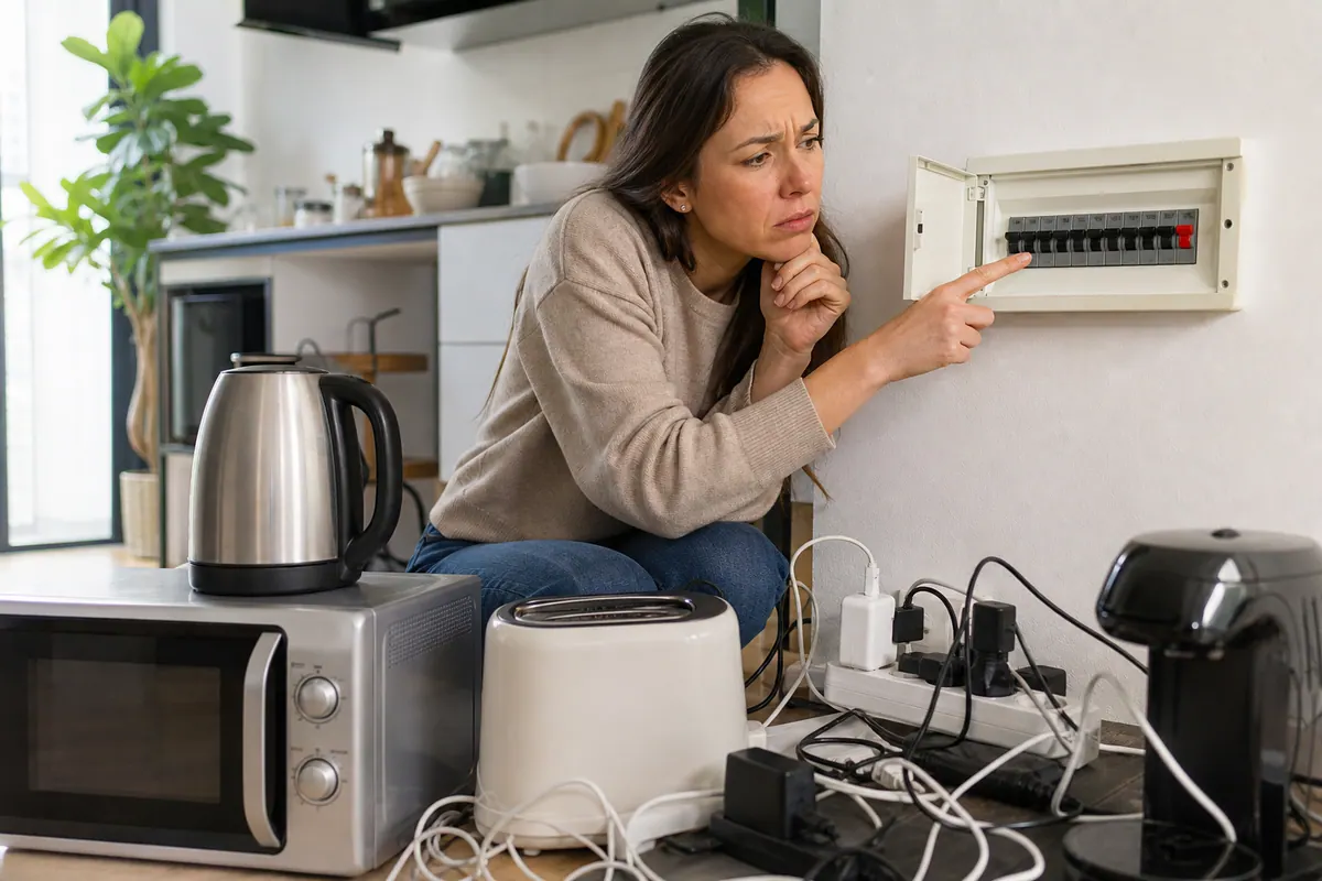 Tableau électrique domestique ouvert avec plusieurs disjoncteurs et un interrupteur basculé