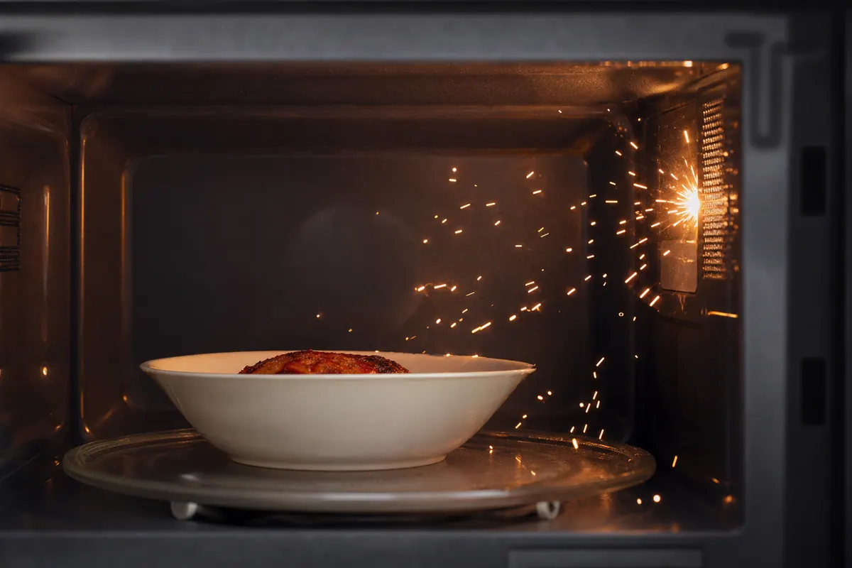 Four à micro-ondes ouvert dans une cuisine, intérieur propre visible, lumière naturelle
