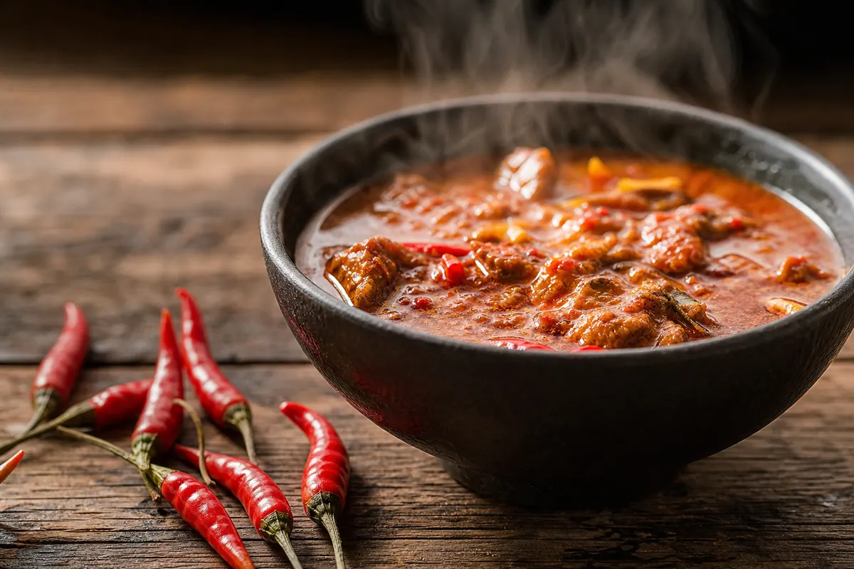 Bol de curry très épicé fumant, avec des piments rouges frais posés à côté sur une table en bois