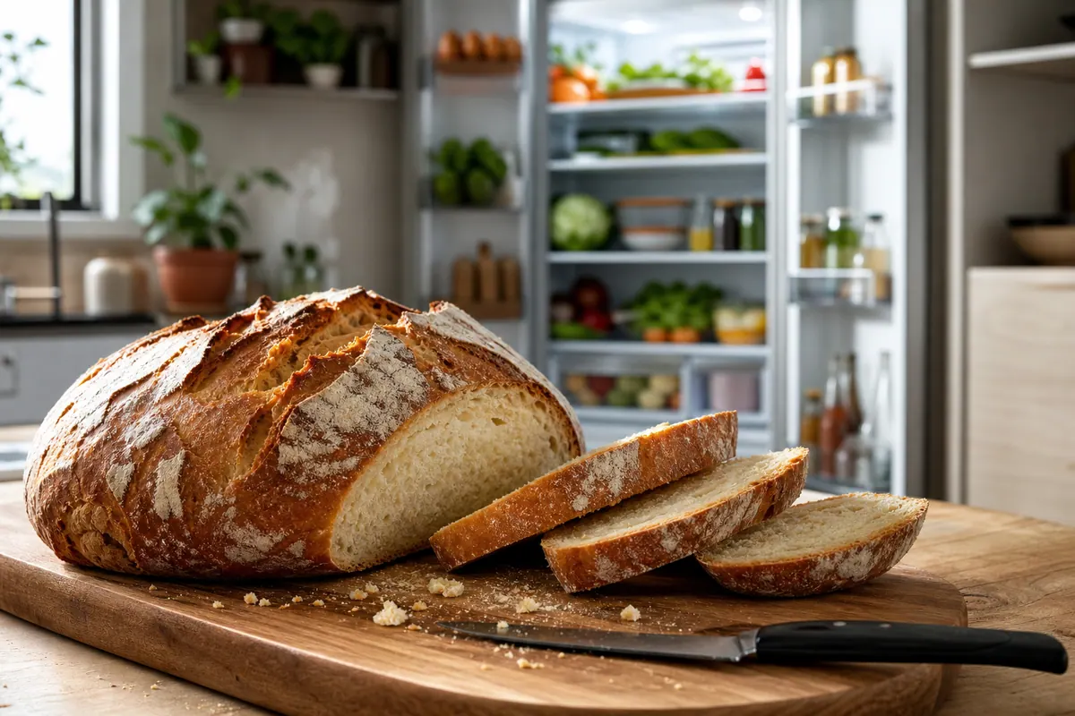 Miche de pain tranchée posée sur une planche en bois dans une cuisine, à côté d'un réfrigérateur ouvert