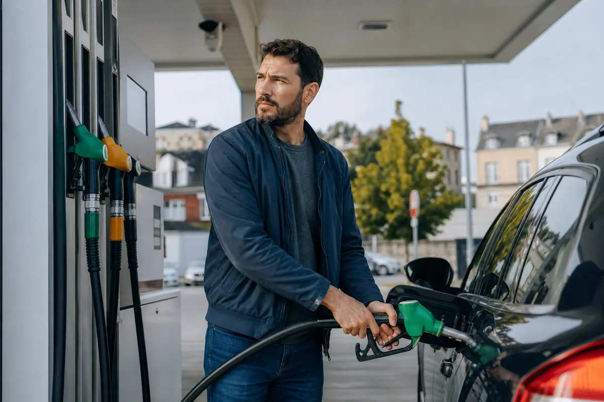 Panneau de prix des carburants affiché à l'entrée d'une station-service, avec des voitures en train de faire le plein