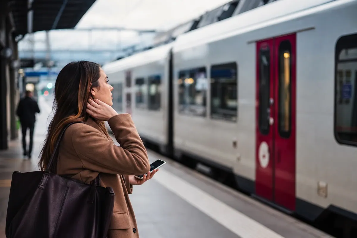 Écran d'affichage des départs et tarifs dans une gare, avec des voyageurs consultant leur téléphone