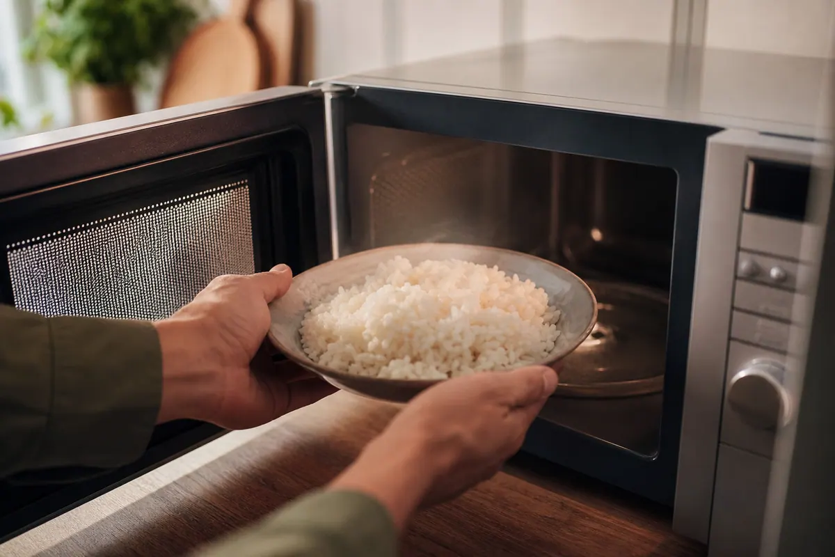 Riz blanc cuit dans une boîte hermétique posée sur une clayette de réfrigérateur