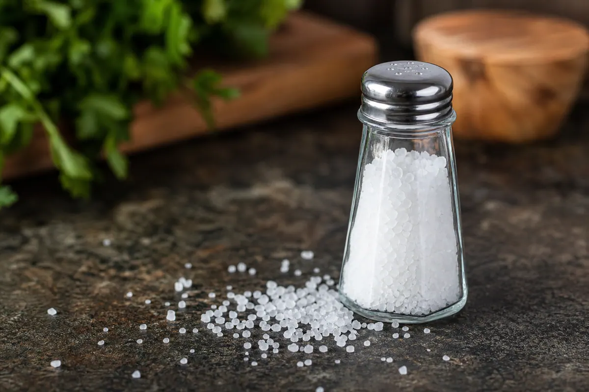 Salière en verre remplie de gros sel posée sur un plan de travail de cuisine, avec quelques grains éparpillés autour