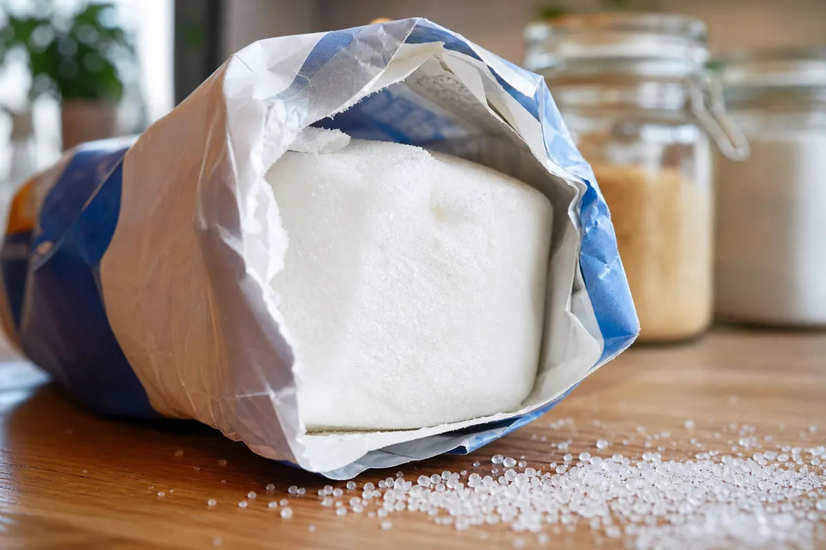Paquet de sucre en poudre entamé avec un bloc compact et durci à l'intérieur