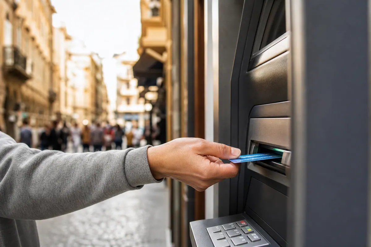 Distributeur automatique de billets à l'étranger avec une carte bancaire insérée, ambiance de voyage