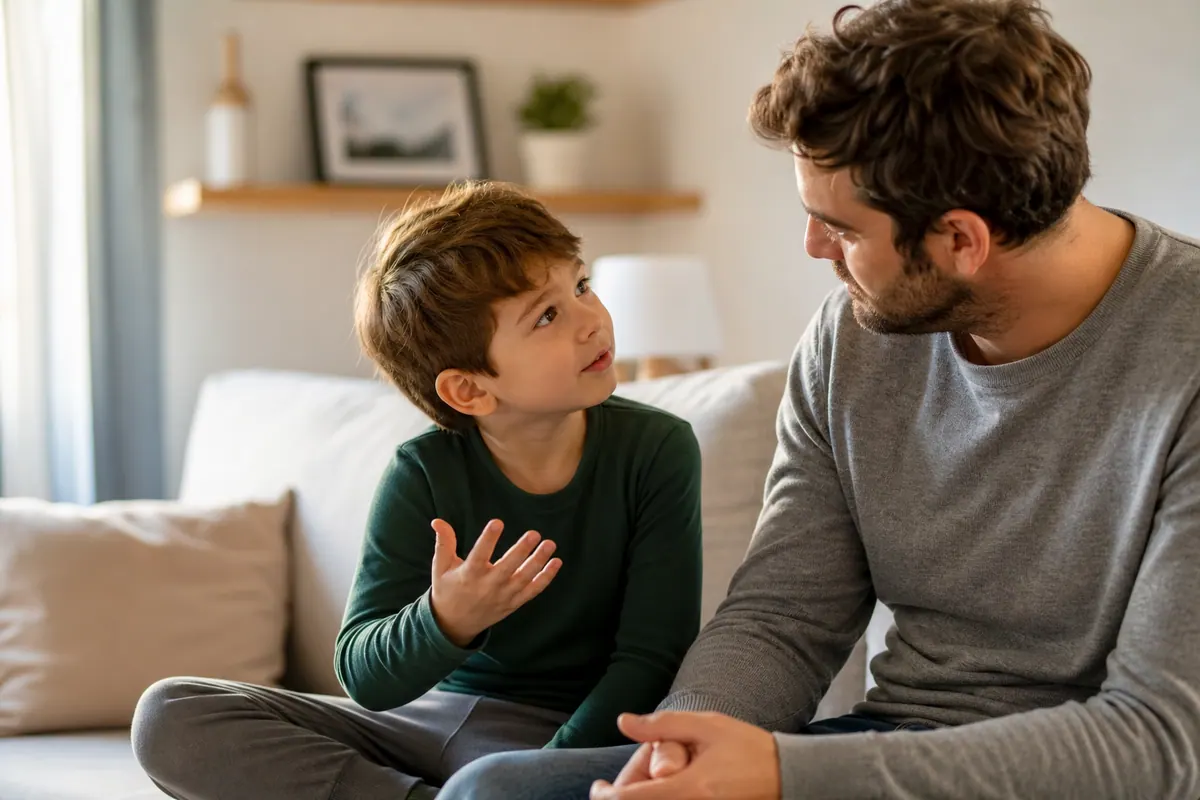 Enfant curieux posant une question à un parent, ambiance familiale chaleureuse à la maison
