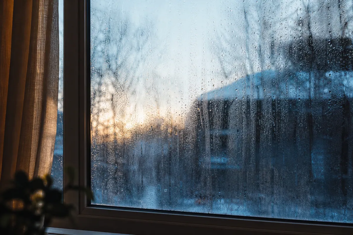 Fenêtre couverte de buée et de gouttelettes de condensation côté intérieur, avec un rebord humide, ambiance hivernale