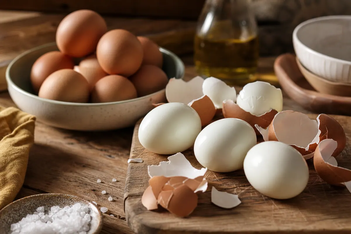 Œufs durs écalés et coquilles brisées sur un plan de travail en bois, à côté d'une casserole