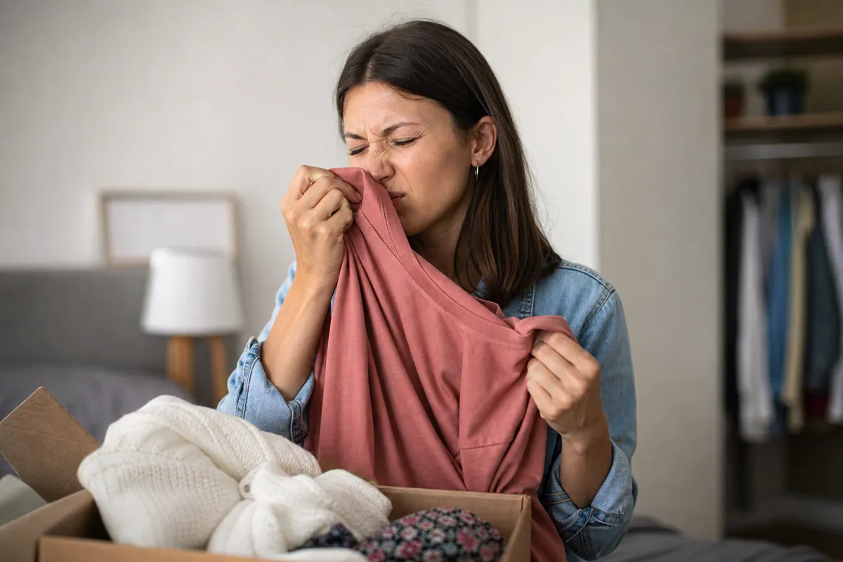 Vêtements neufs pliés avec étiquettes, posés avant le premier lavage