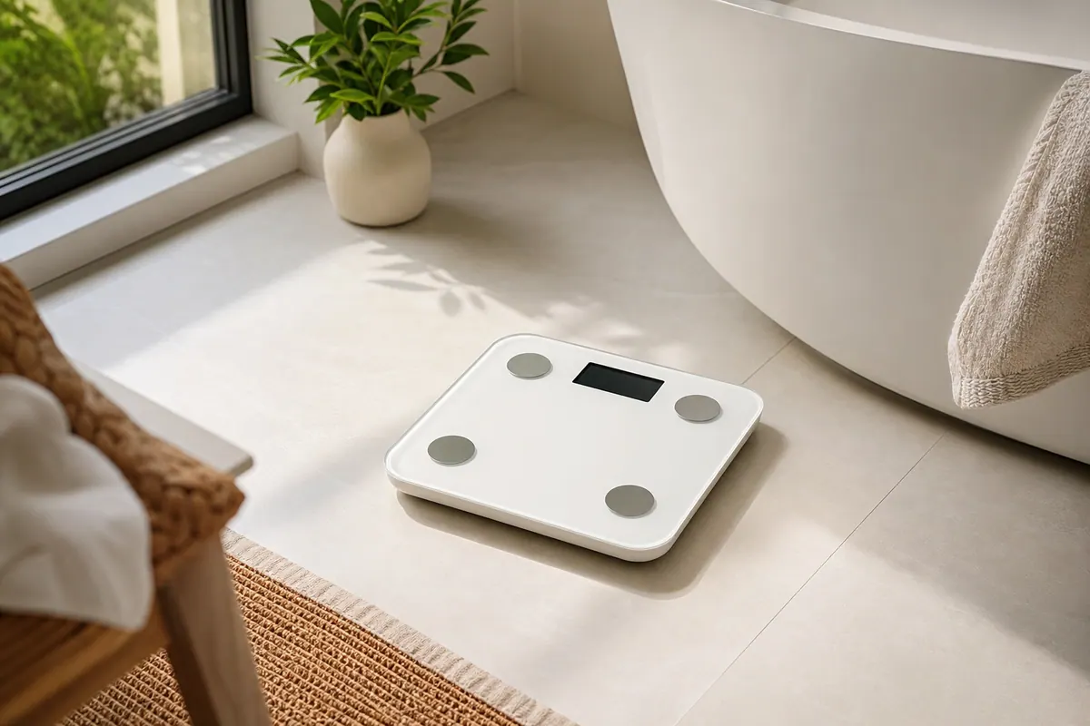 Pèse-personne blanc posé sur un sol carrelé clair dans une salle de bain, vue en légère plongée