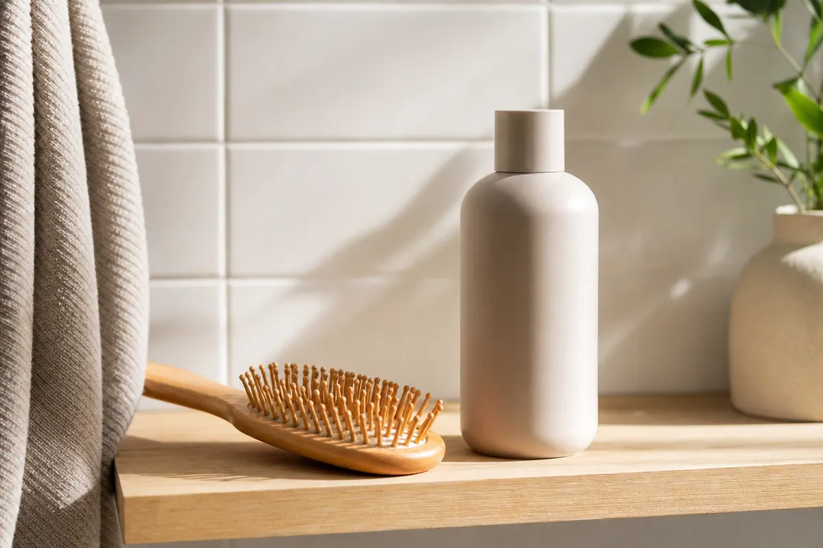 Brosse à cheveux en bois et flacon de shampooing posés sur une étagère de salle de bain, lumière naturelle
