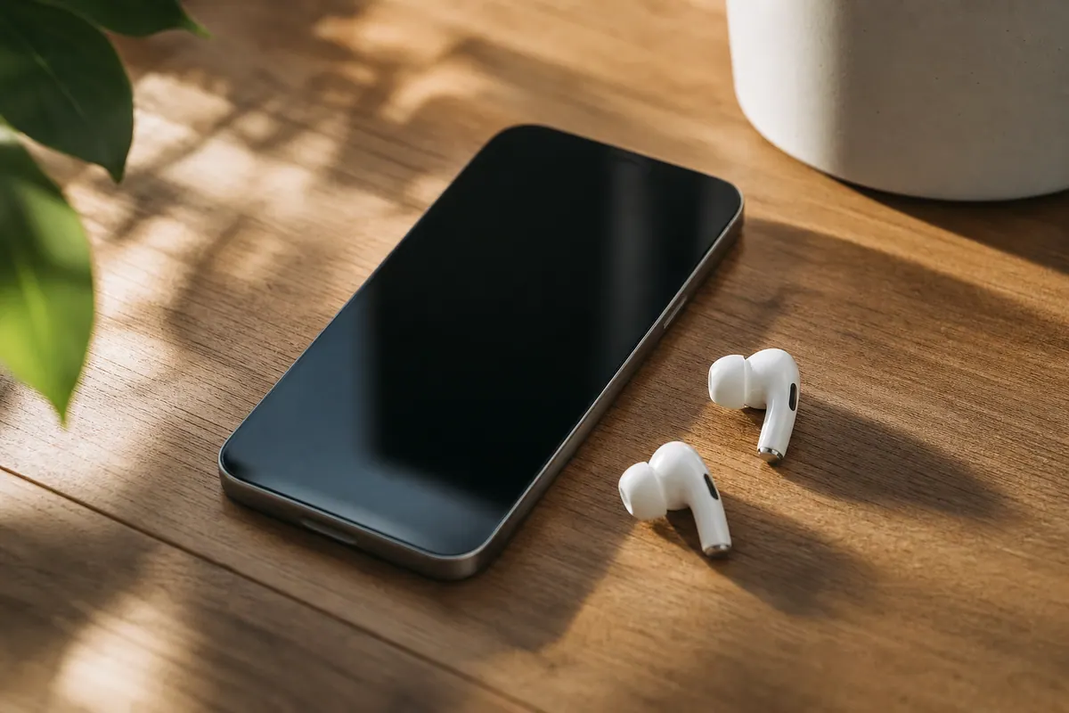 Écouteurs sans fil posés à côté d'un smartphone sur une table en bois clair, lumière naturelle