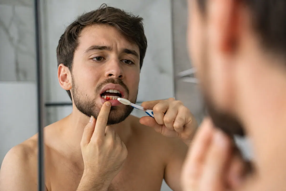 Personne se brossant les dents devant un miroir de salle de bain