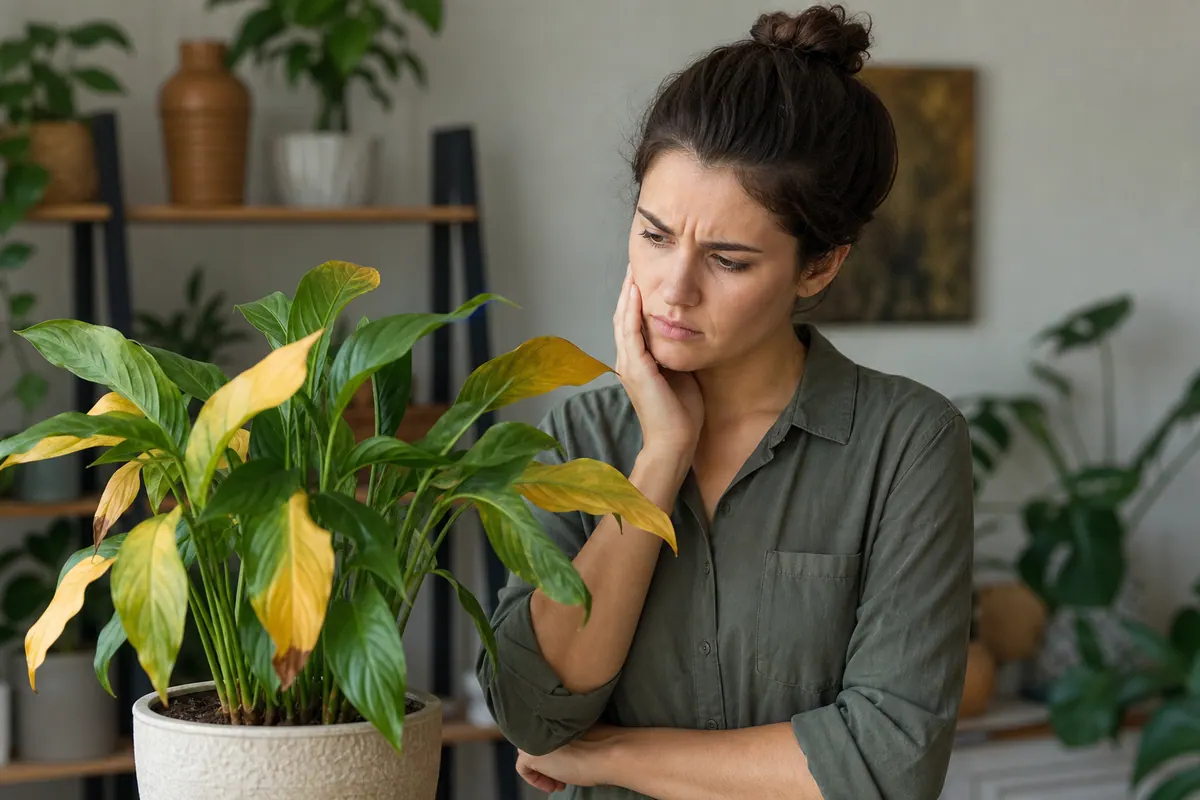Plante verte d'intérieur en pot avec plusieurs feuilles jaunies posée près d'une fenêtre