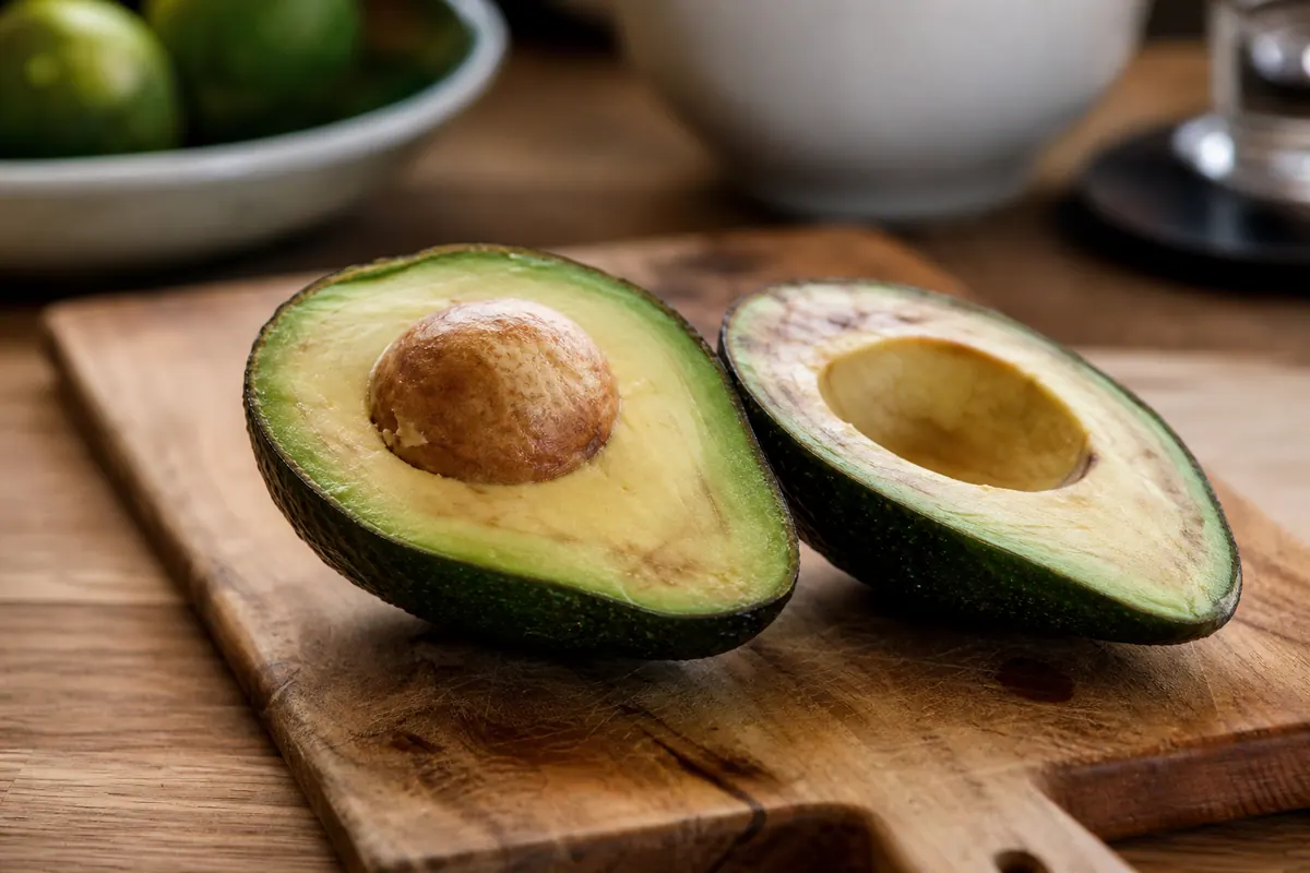 Avocat coupé en deux sur une planche en bois, une moitié commençant à brunir légèrement au contact de l'air