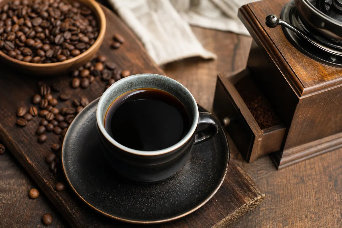 Tasse de café noir fraîchement infusé posée près d'un moulin à café et de grains torréfiés