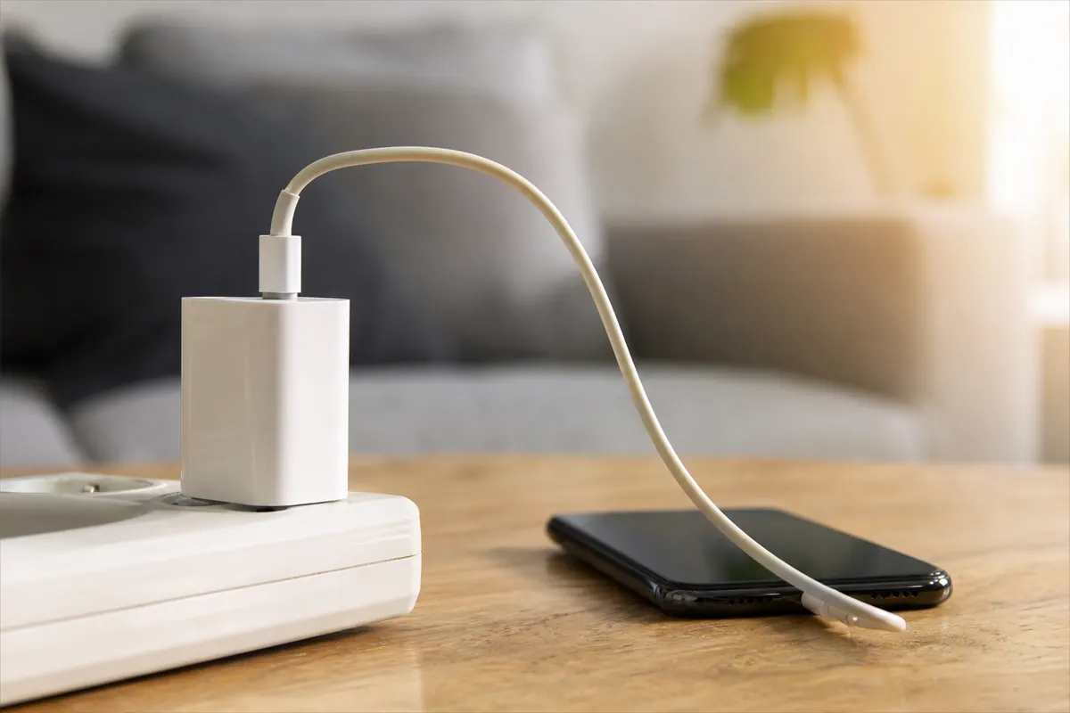 Chargeur de smartphone branché sur une prise murale avec câble USB connecté