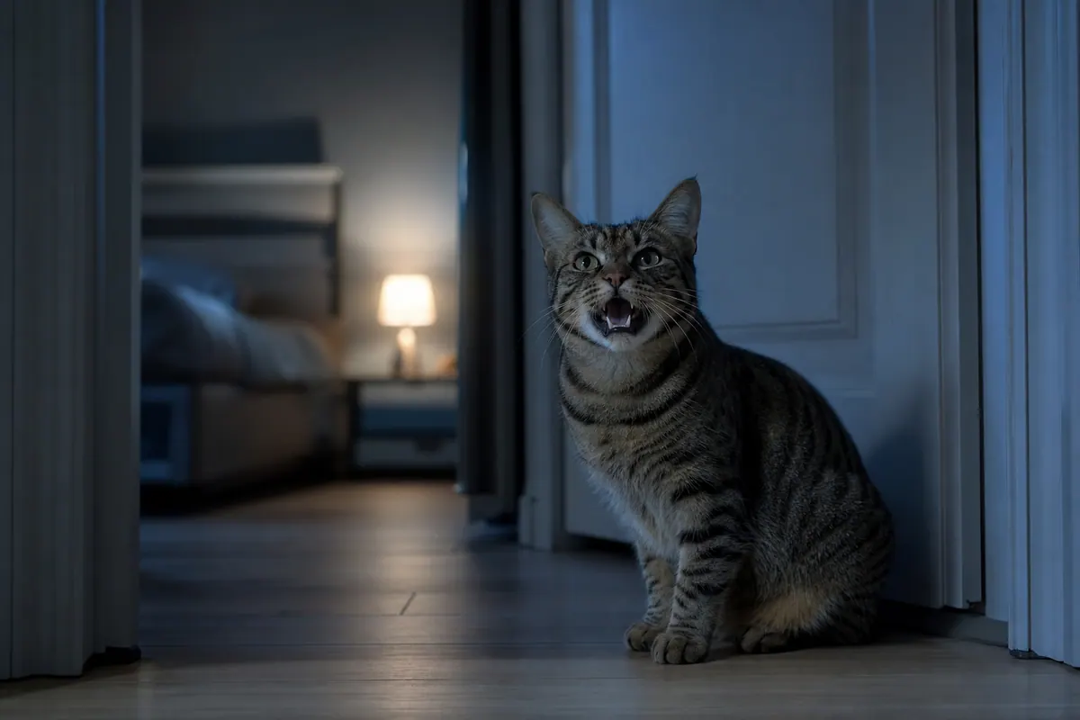 Chat gris assis et éveillé dans une pièce sombre, éclairé par la lumière de la lune