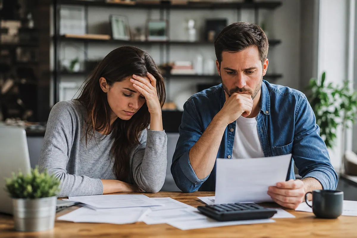 Couple examinant des documents bancaires et un dossier de prêt immobilier sur une table, avec une calculatrice