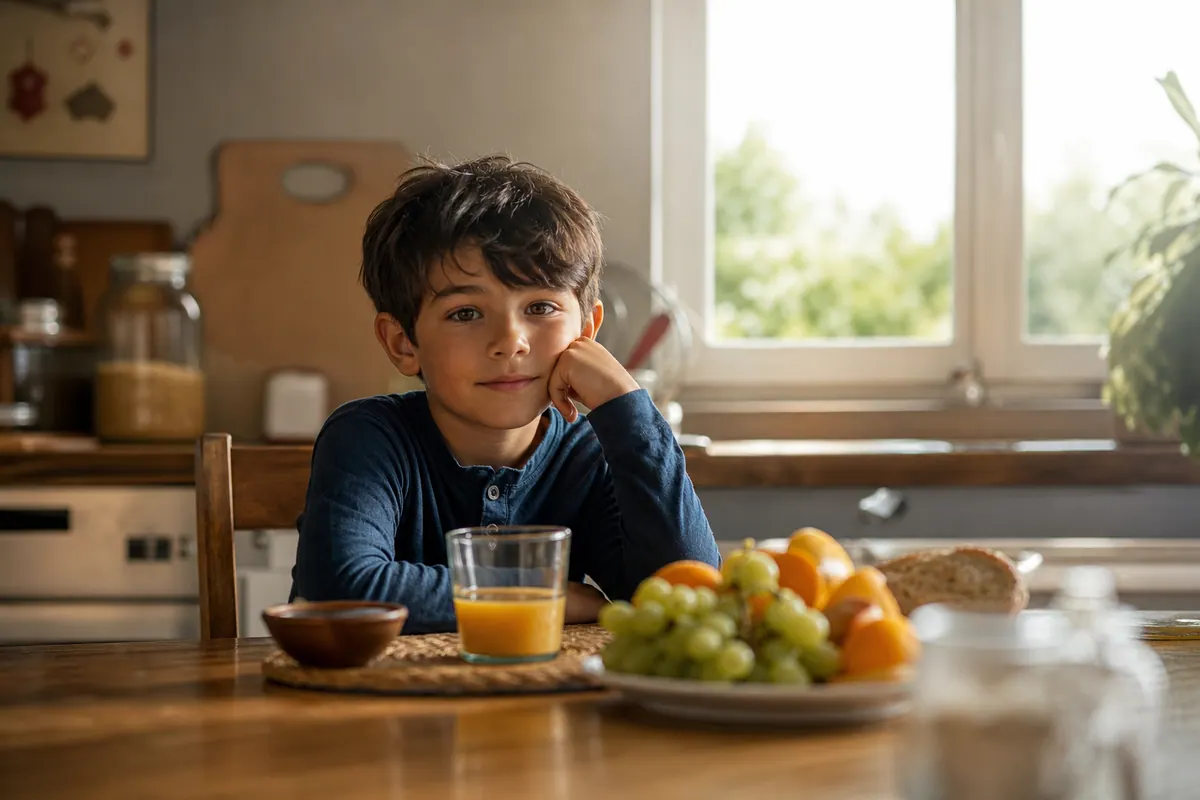 Enfant assis à une table de cuisine avec un goûter, en fin de journée, lumière douce de fin d'après-midi