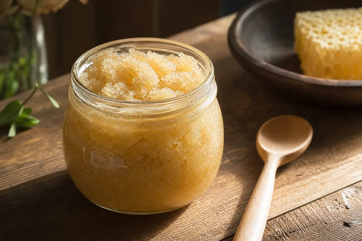 Pot de miel cristallisé, texture granuleuse et opaque, à côté d'une cuillère en bois
