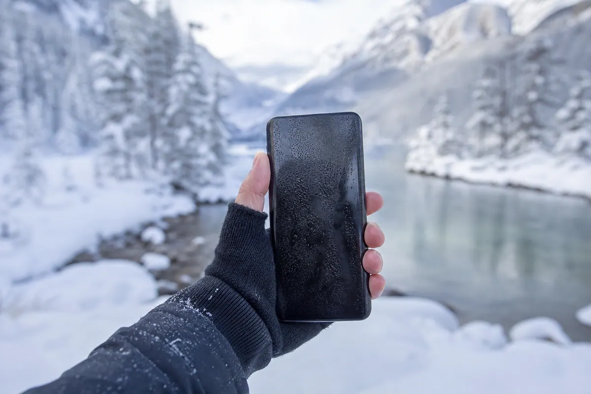 Main tenant un smartphone dehors en hiver, avec de la buée et un paysage enneigé en arrière-plan